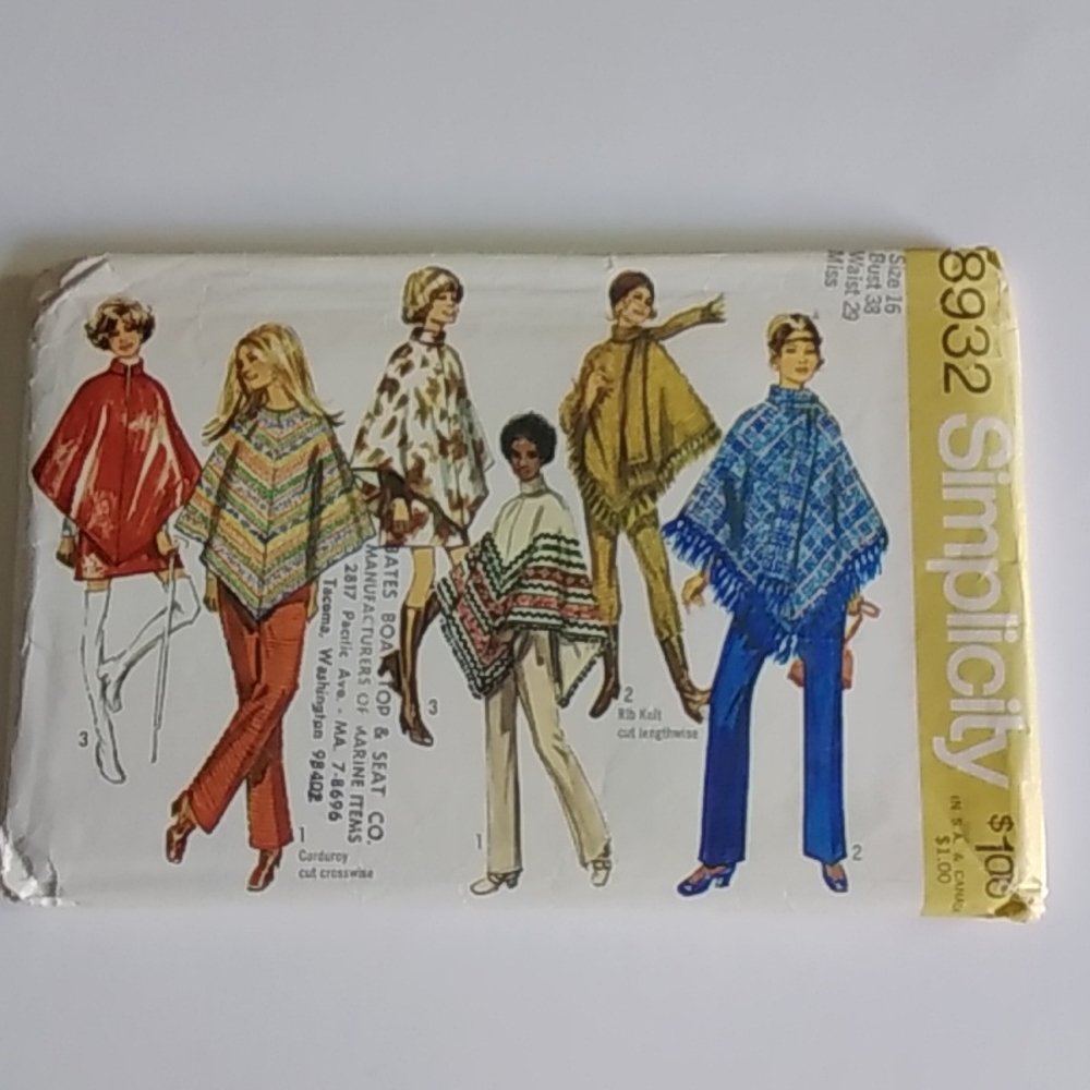 Simplicity #8932 1970 Vintage Poncho Pattern